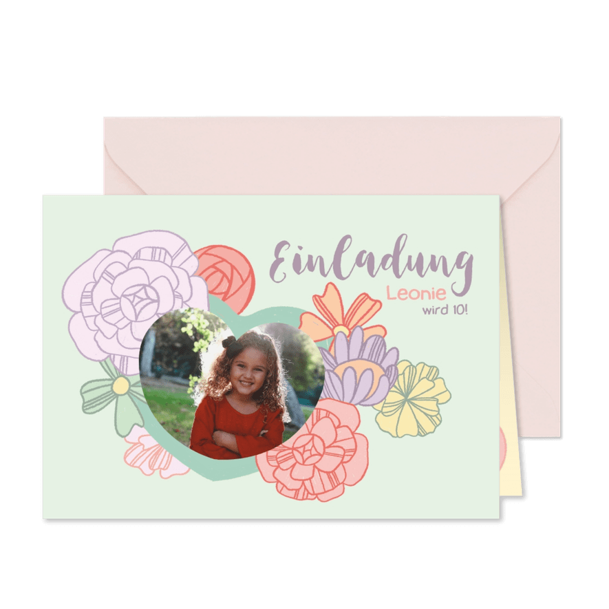 Blumige Einladung zum 10. Kindergeburtstag - Karteneindruck
