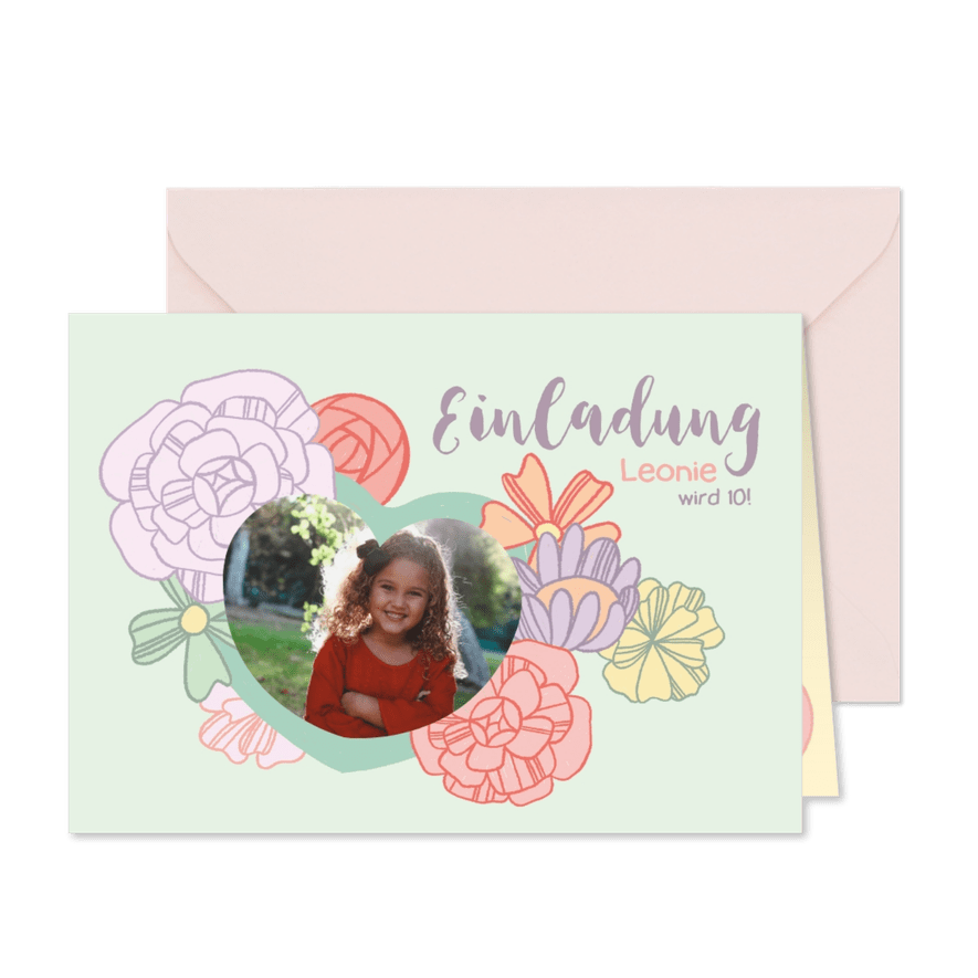 Blumige Einladung zum 10. Kindergeburtstag - Karteneindruck