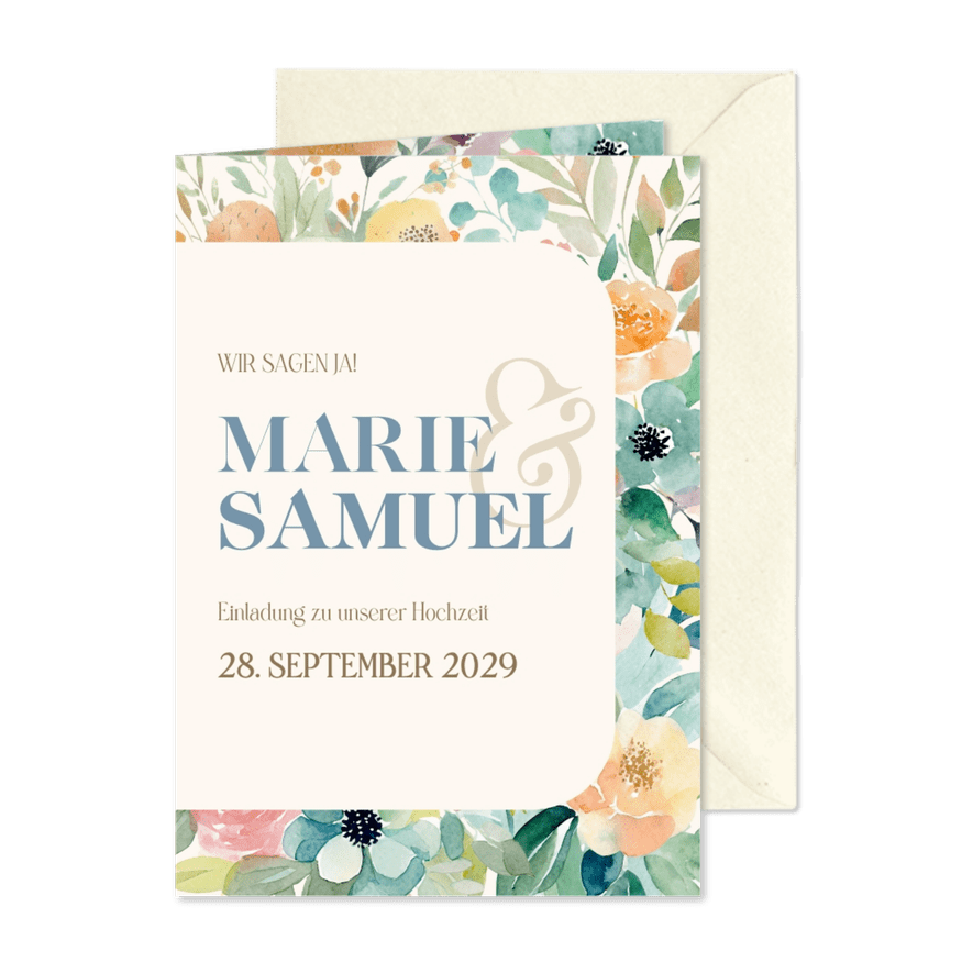 Blumige Einladungskarte zur Hochzeit Aquarelldesign - Karteneindruck
