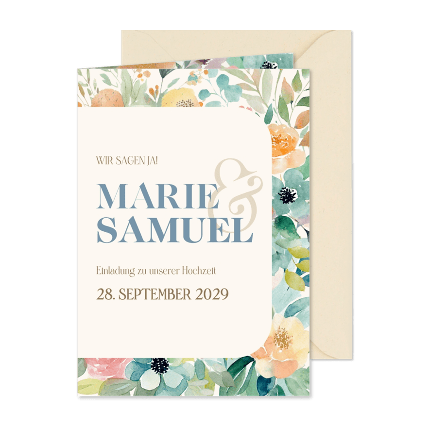 Blumige Einladungskarte zur Hochzeit Aquarelldesign - Karteneindruck