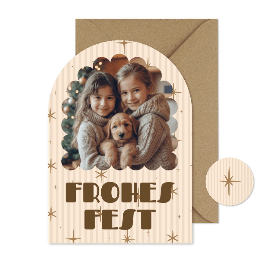 Bogenkarte 'Frohes Fest' gestreift Weihnachten mit Foto - Karteneindruck
