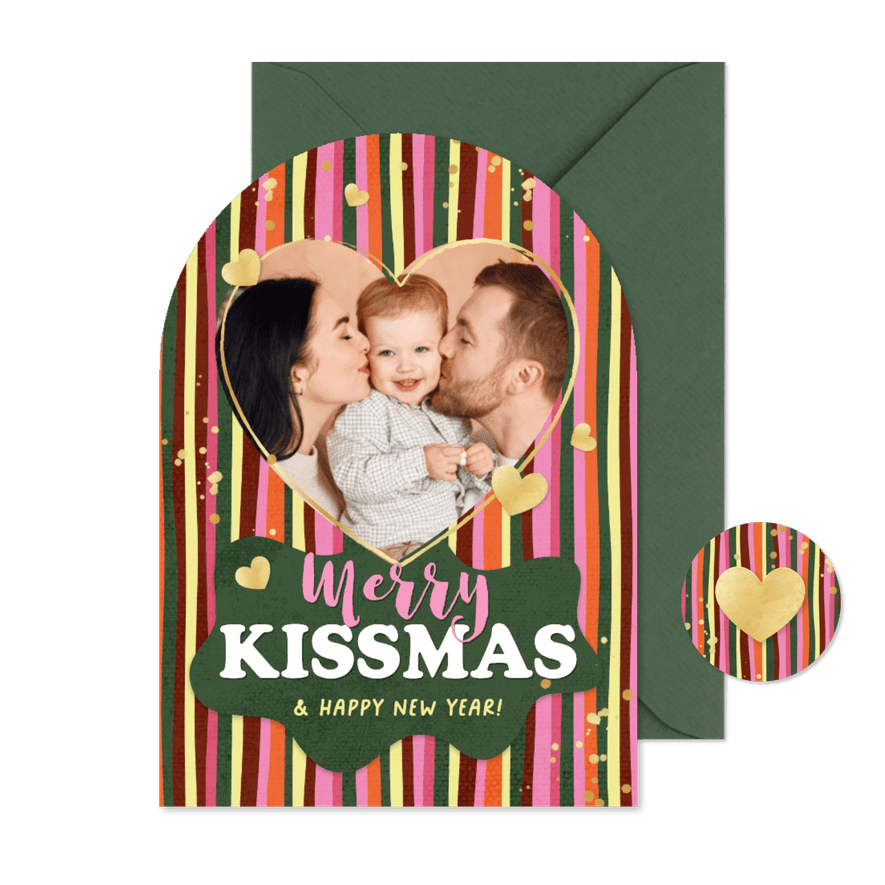 Bogenkarte gestreift Weihnachten Foto 'Merry Kissmas' - Kartenvorschau