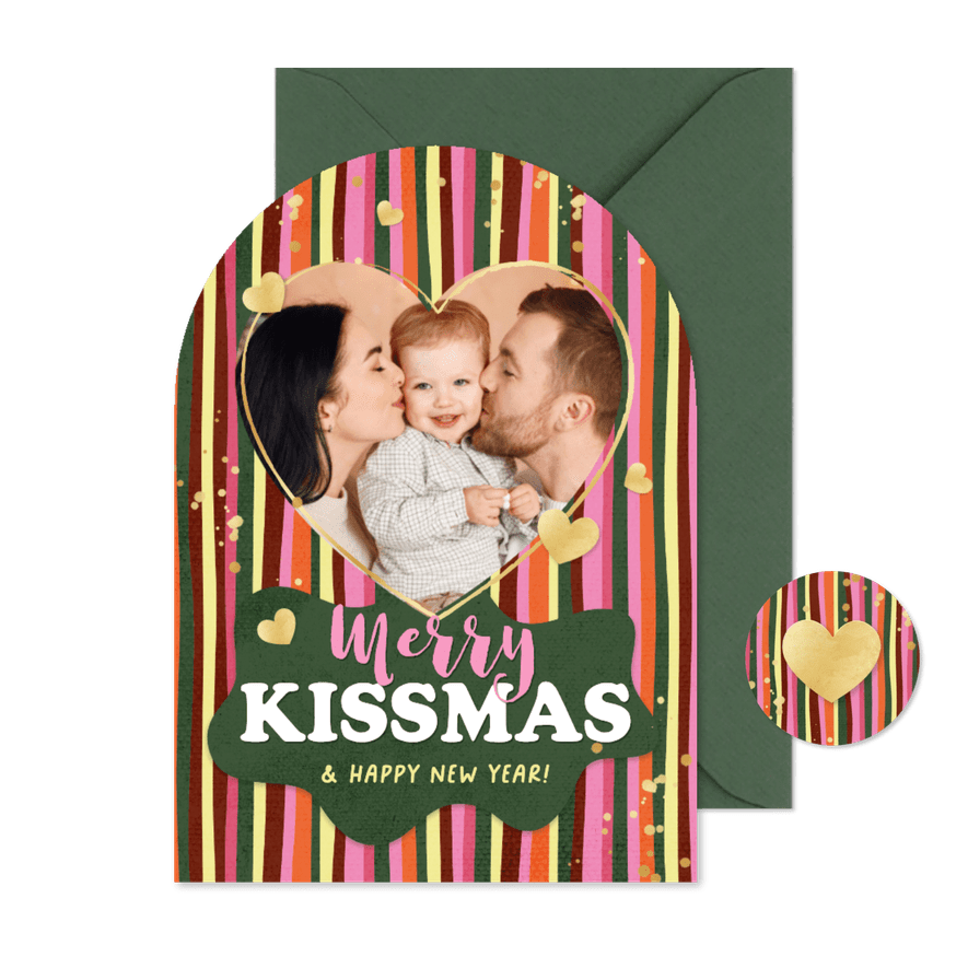 Bogenkarte gestreift Weihnachten Foto 'Merry Kissmas' - Karteneindruck
