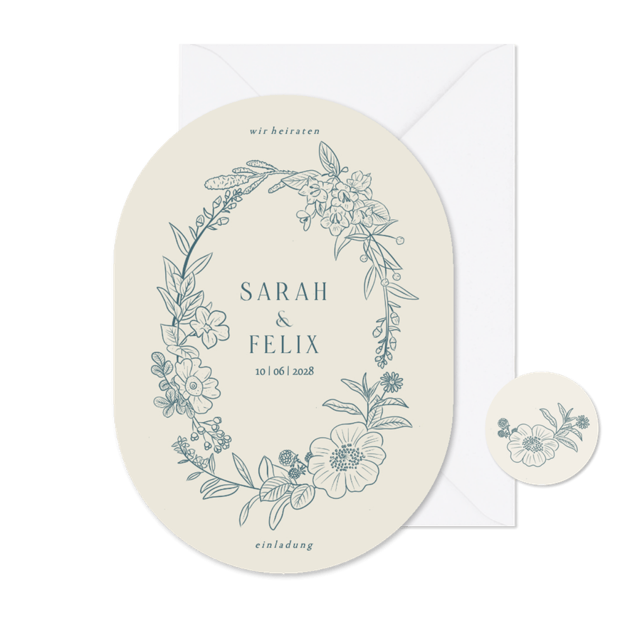 Bogenkarte Hochzeitseinladung Blumenkranz blau klasisch - Karteneindruck
