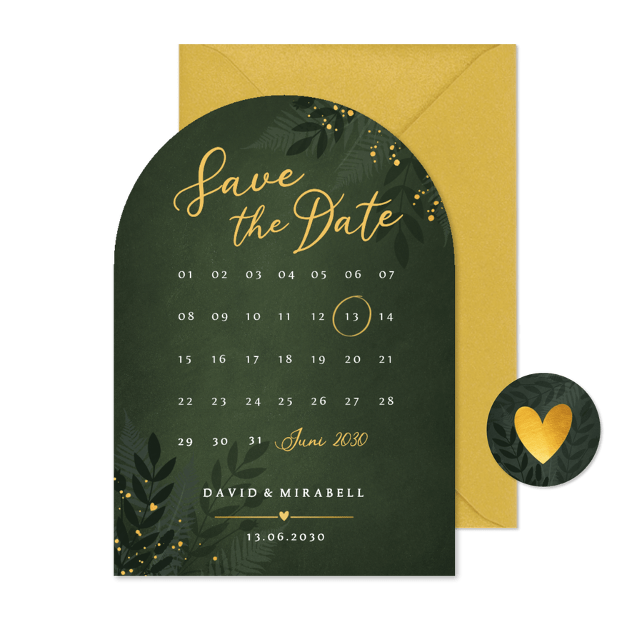 Bogenkarte Save the Date Botanisch Goldkleckse dunkelgrün - Karteneindruck
