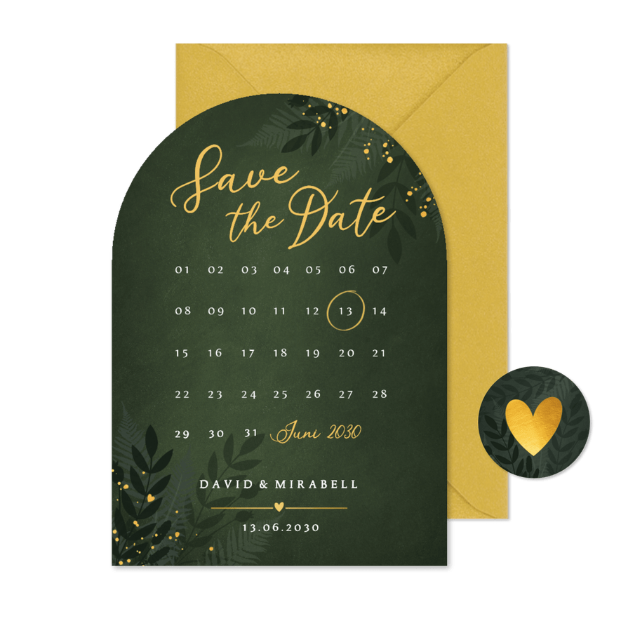 Bogenkarte Save the Date Botanisch Goldkleckse dunkelgrün - Kartenvorschau
