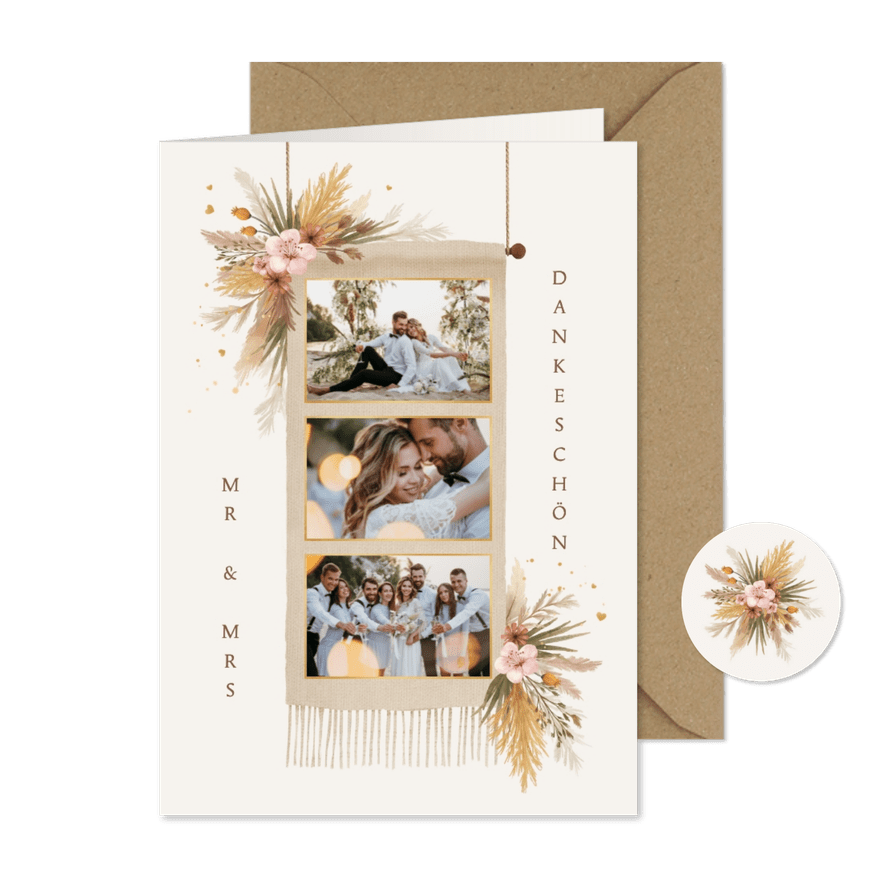 Boho-Dankeskarte Hochzeit Fotocollage Wandteppich Blumen - Karteneindruck