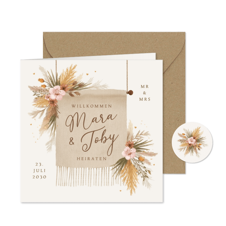 Boho-Einladungskarte Hochzeit Trockenblumen Deko - Karteneindruck