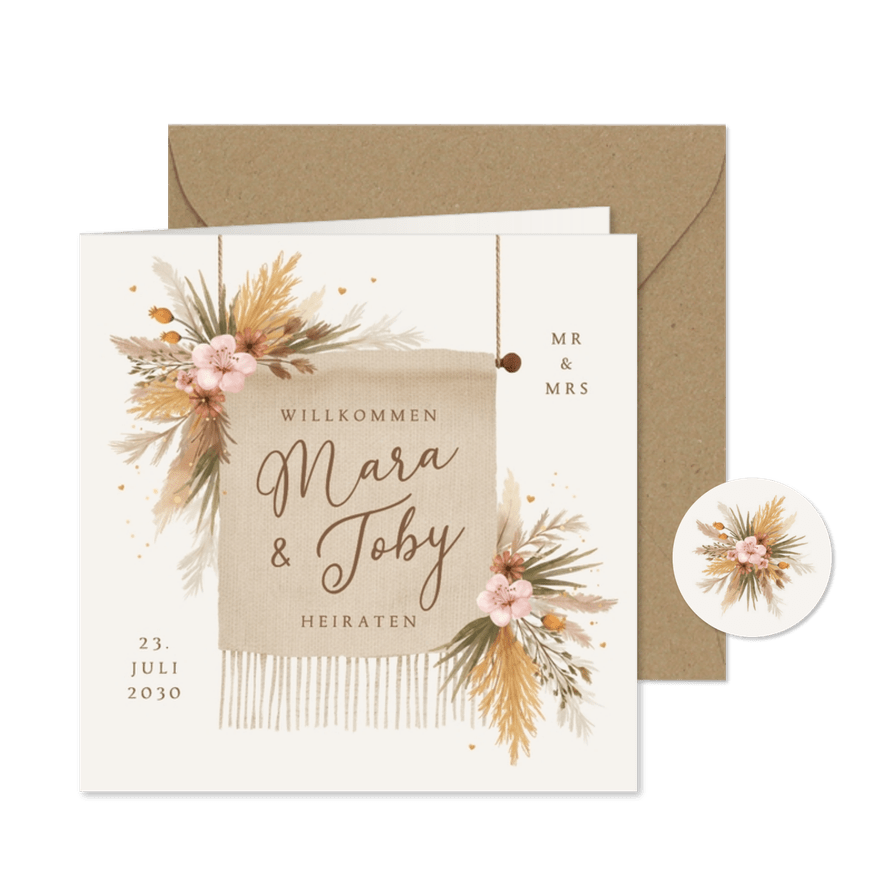 Boho-Einladungskarte Hochzeit Trockenblumen Deko - Kartenvorschau
