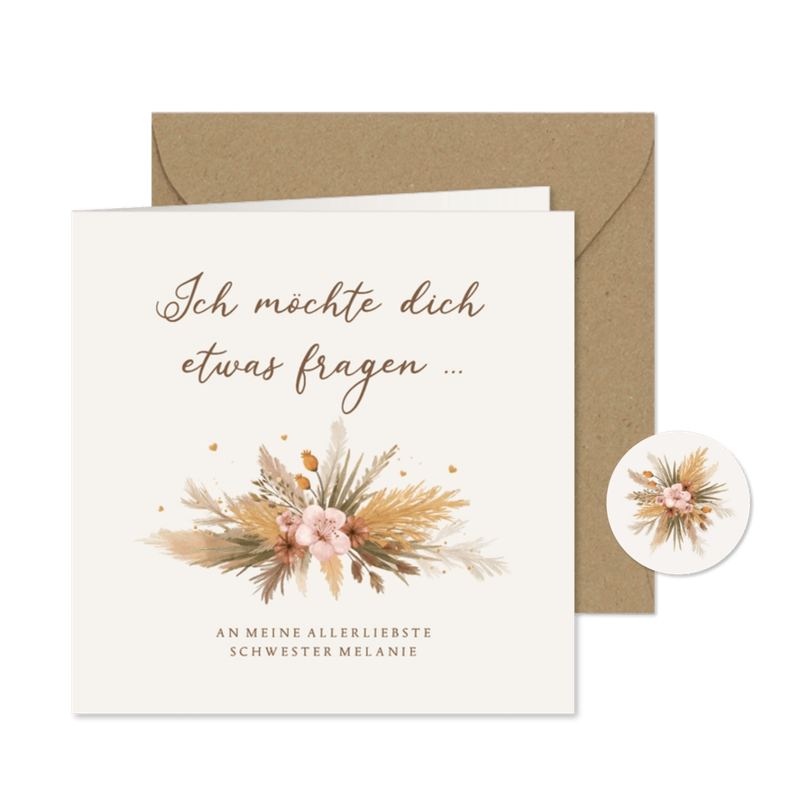 Boho-Karte Trauzeugin fragen Trockenblumenstrauß  - Karteneindruck
