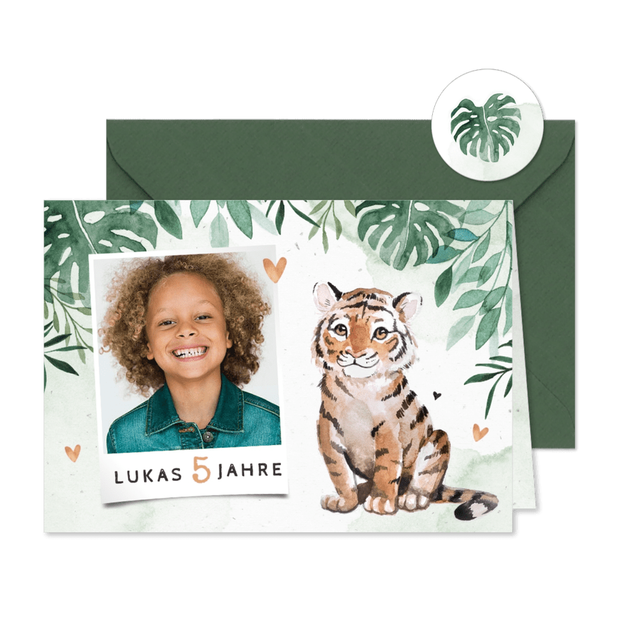 Botanische Einladung 5. Kindergeburtstag mit Foto und Tiger - Karteneindruck