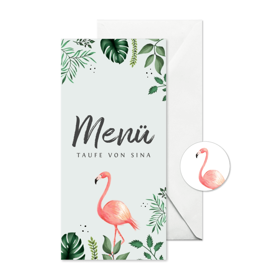 Botanische Menükarte Taufe Flamingos und Blätter - Karteneindruck