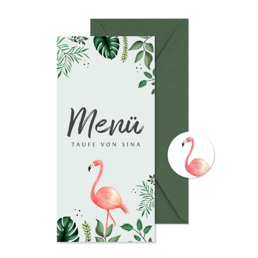 Botanische Menükarte Taufe Flamingos und Blätter - Karteneindruck
