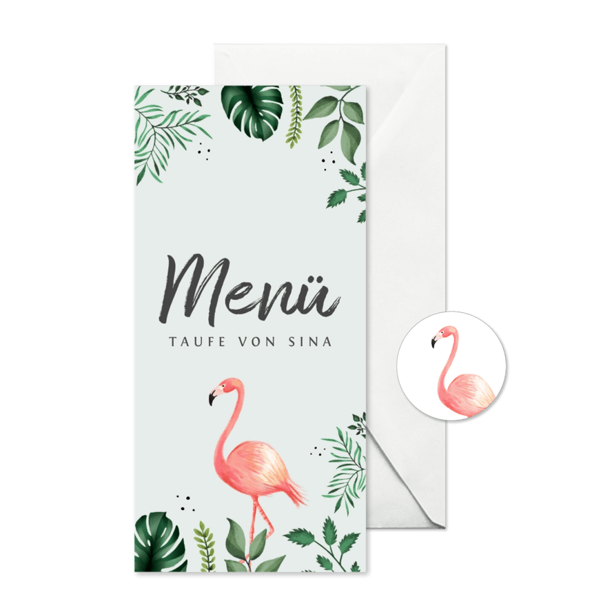 Botanische Menükarte Taufe Flamingos und Blätter - Karteneindruck
