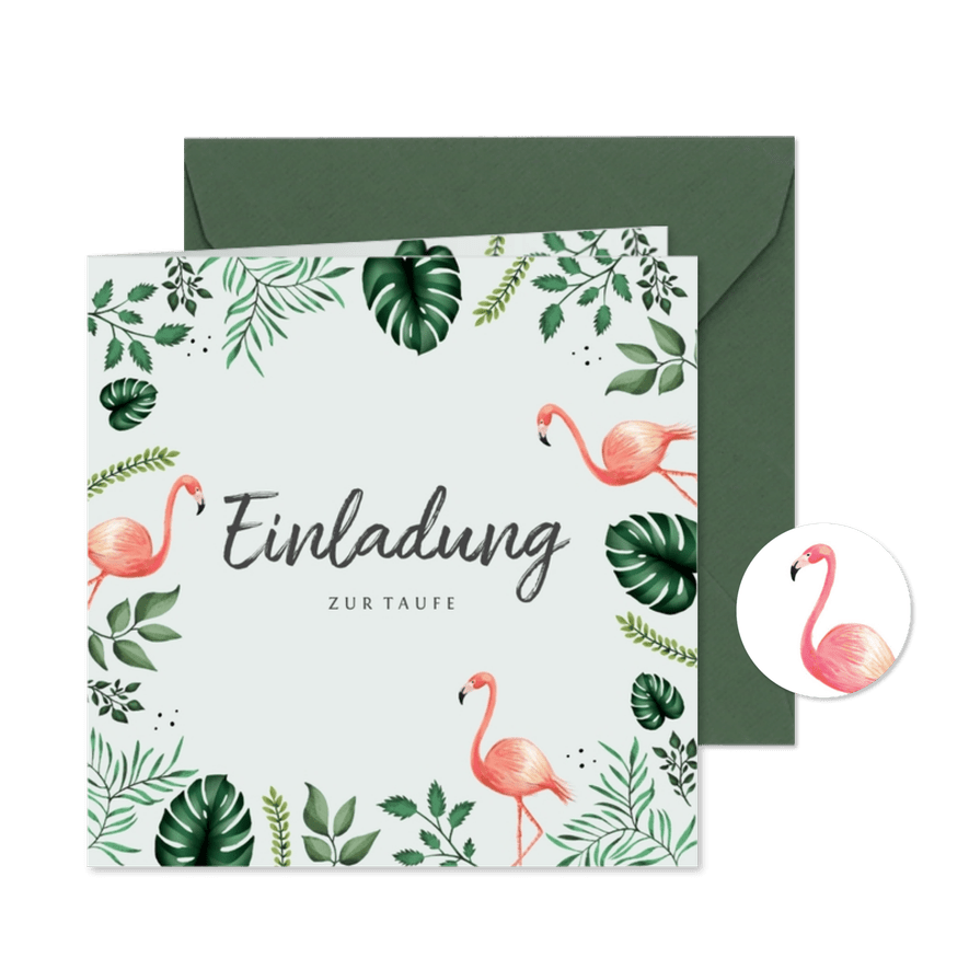 Botanische Taufeinladung Flamingos und Blätter - Karteneindruck