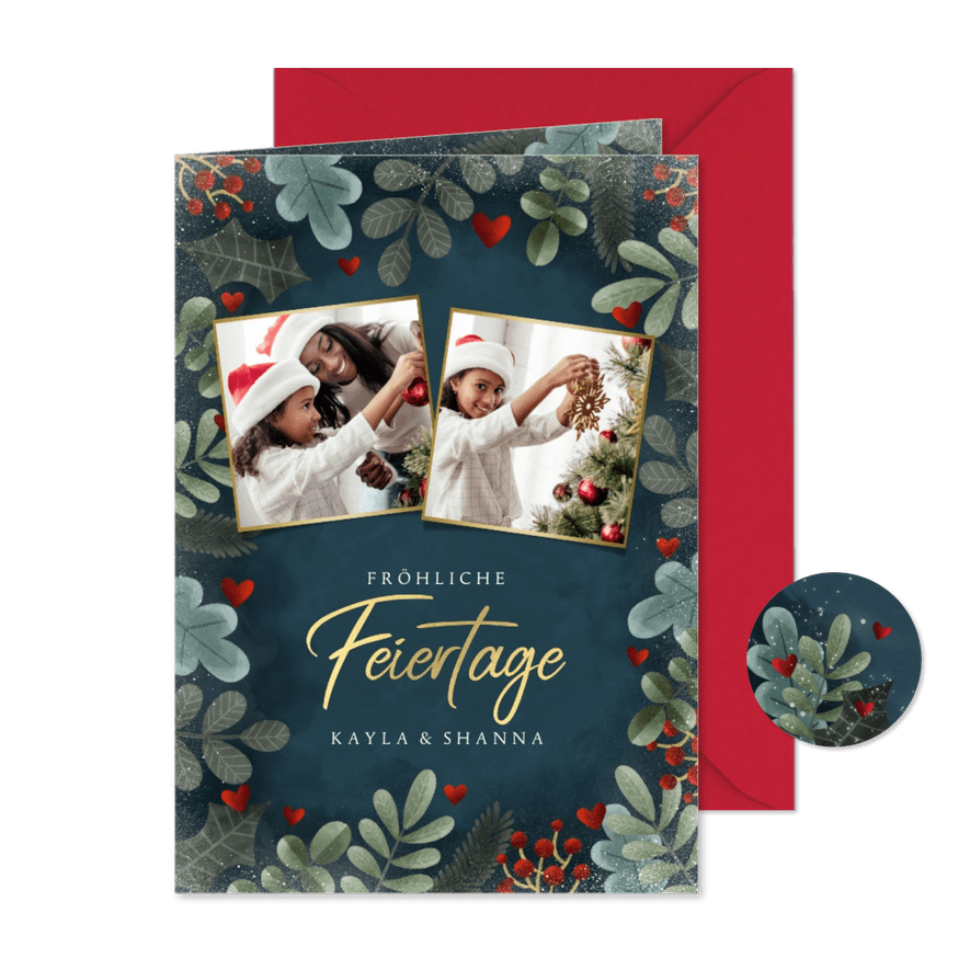 Botanische Weihnachtskarte mit Fotos und Herzchen - Karteneindruck