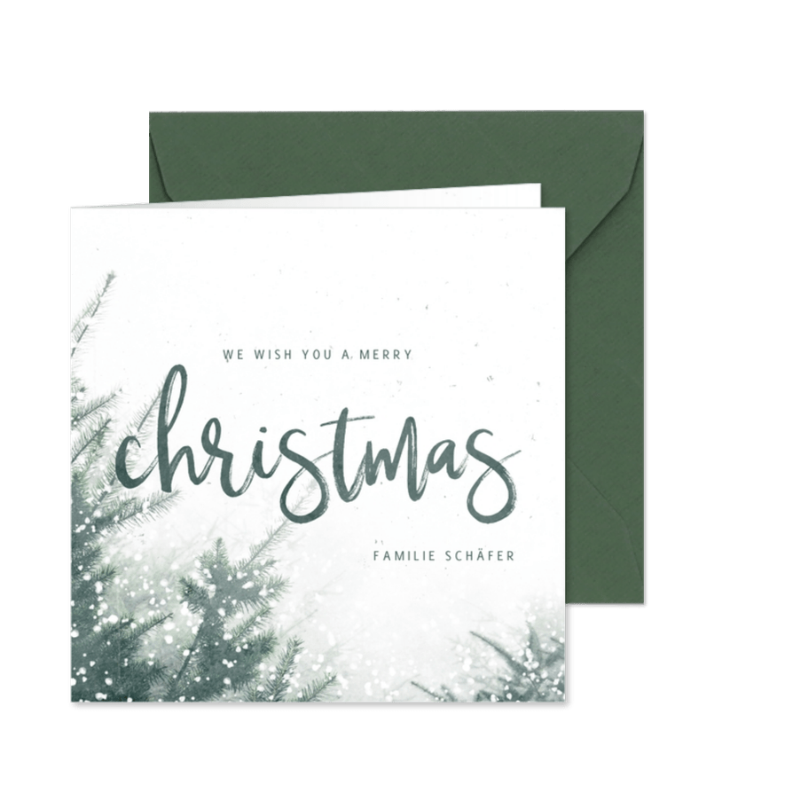Botanische Weihnachtskarte mit Tannenzweigen und Schnee - Karteneindruck
