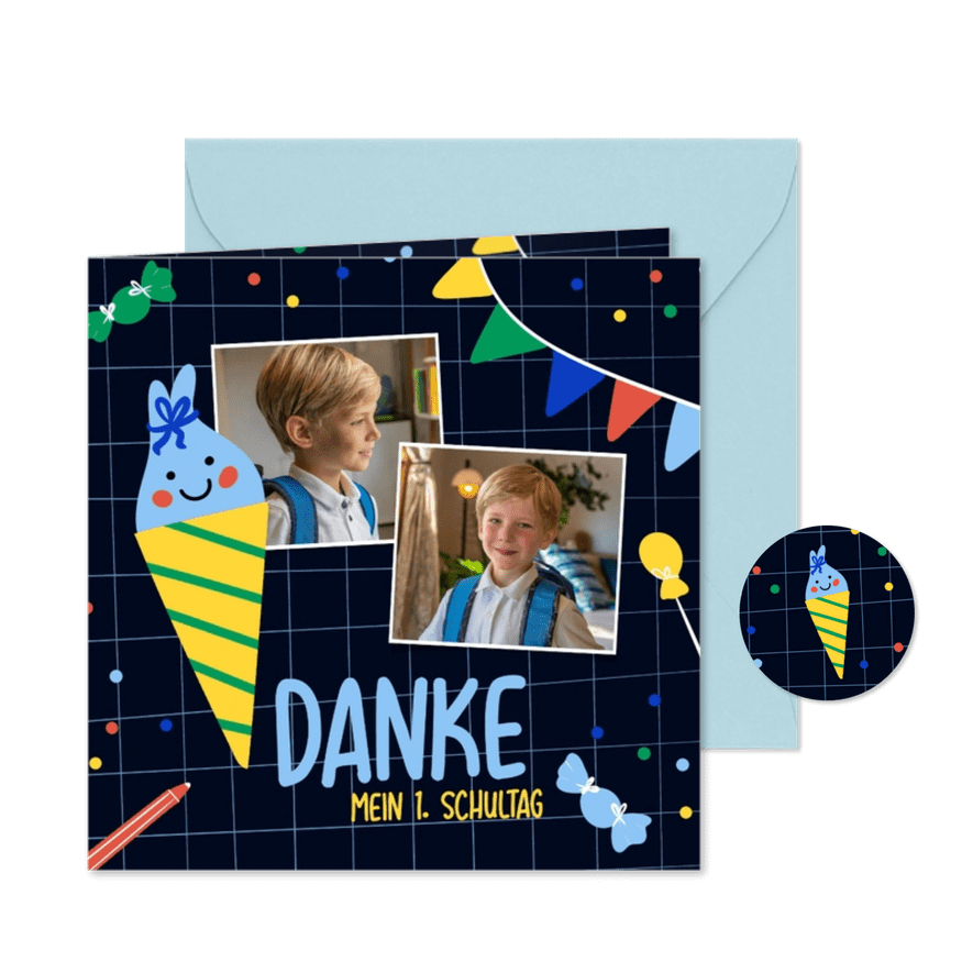 Bunte Danksagung zur Einschulung Fotos & Schultüte - Kartenvorschau