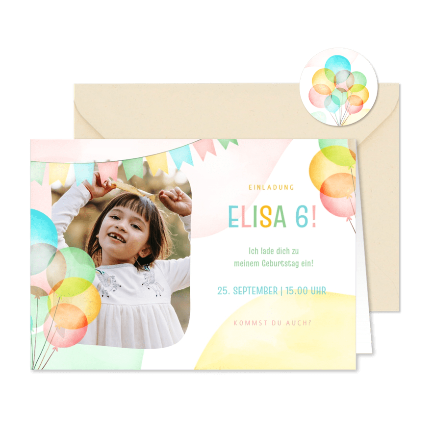 Bunte Einladung 6. Kindergeburtstag Luftballons & Foto - Kartenvorschau
