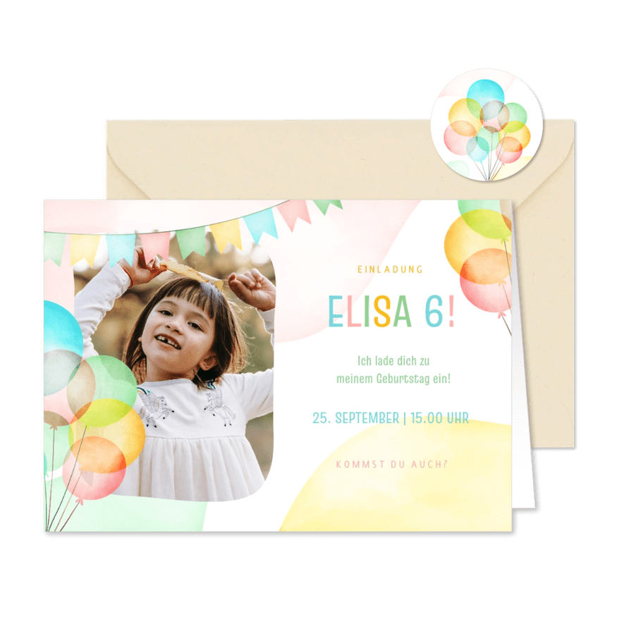 Bunte Einladung 6. Kindergeburtstag Luftballons & Foto - Karteneindruck
