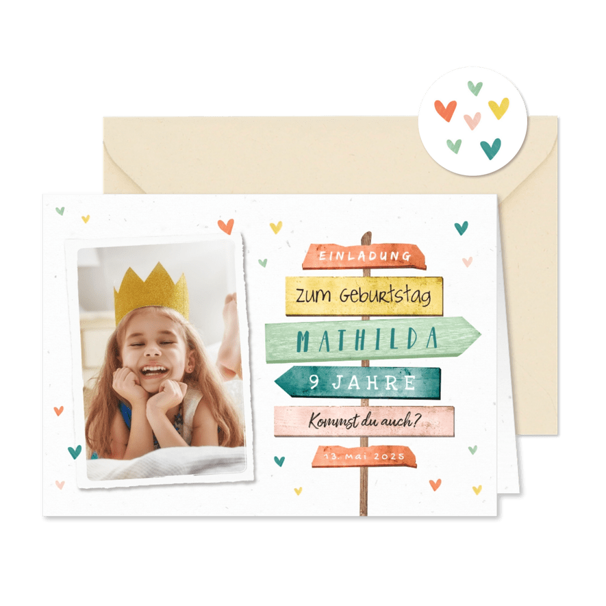 Bunte Einladung 9. Kindergeburtstag Foto & Schild - Karteneindruck