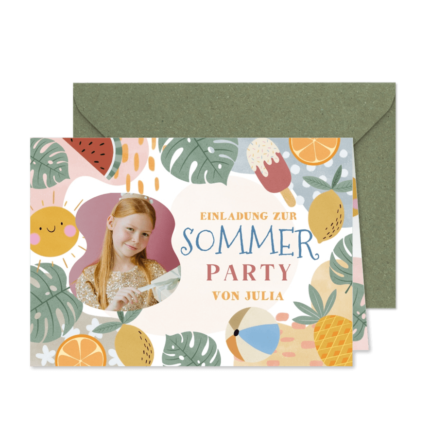 Bunte Einladung Sommerparty 8. Kindergeburtstag - Karteneindruck