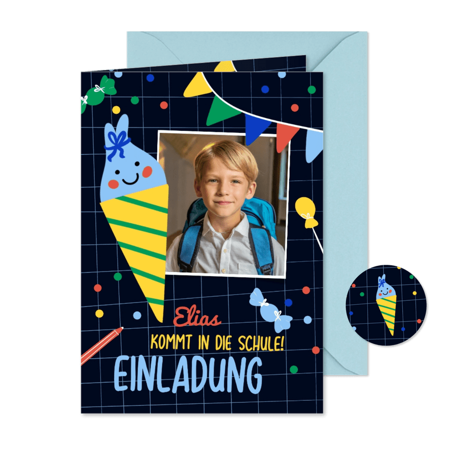 Bunte Einladung zur Einschulung Foto mit Schultüte - Karteneindruck