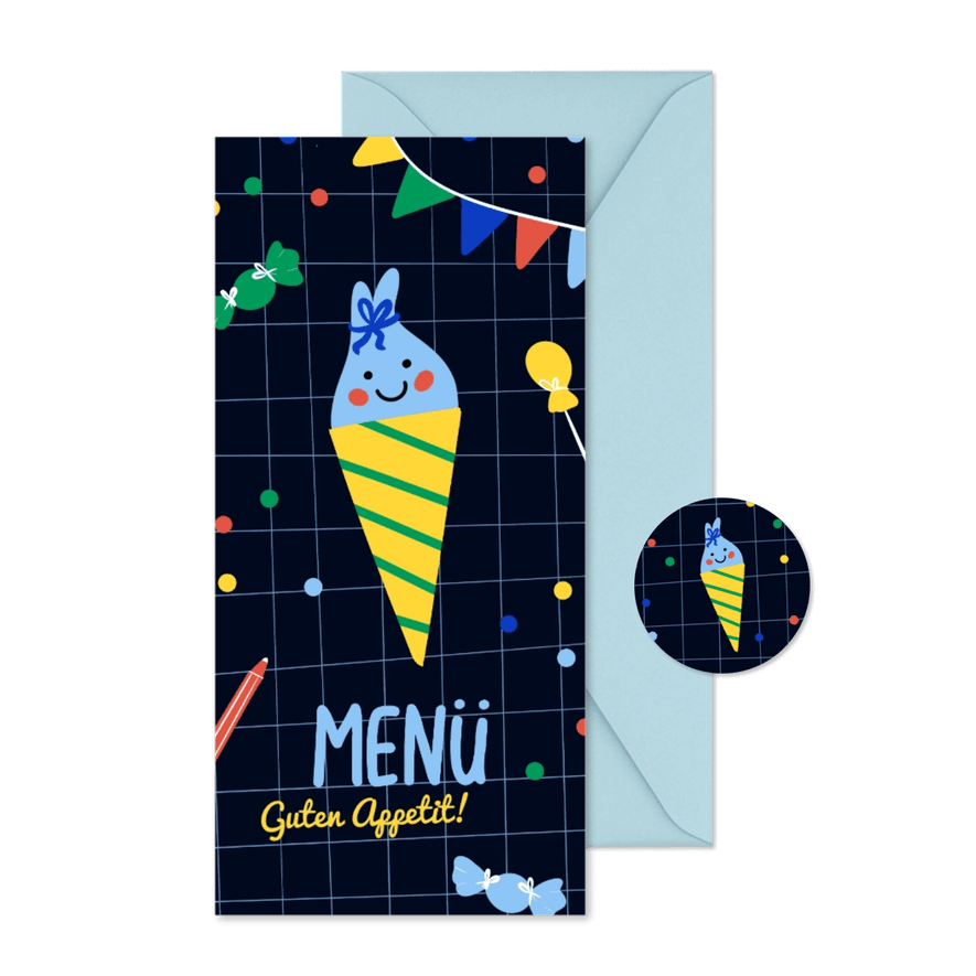 Bunte Menükarte zur Einschulung Schultüte & Girlande - Karteneindruck
