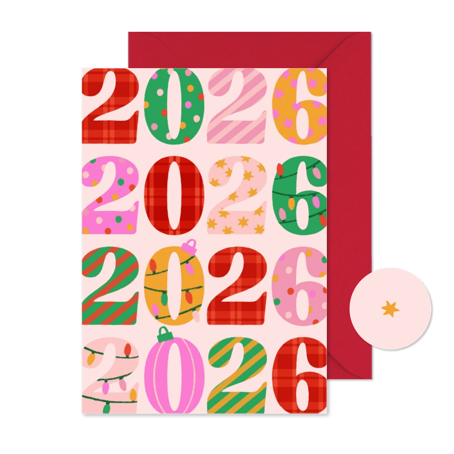Bunte Neujahrskarte 2026 Jahreszahl verziert  - Karteneindruck
