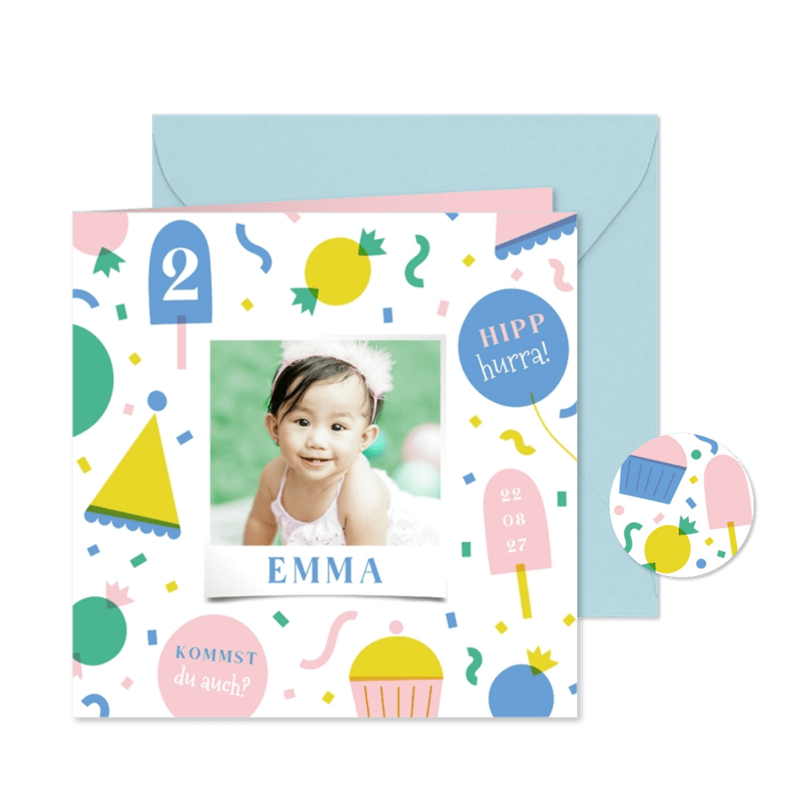 Bunte Sommer-Einladung 2. Kindergeburtstag mit Foto - Karteneindruck
