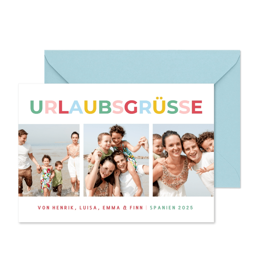 Bunte Urlaubsgrüße Fotokarte mit Namen - Karteneindruck
