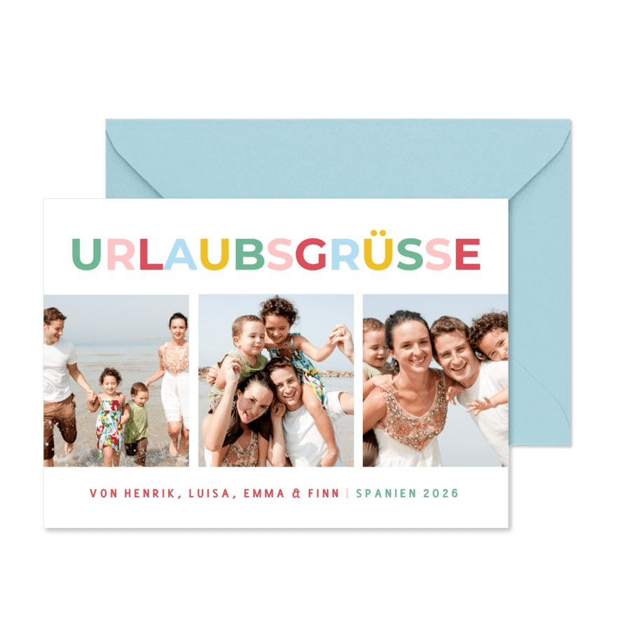 Bunte Urlaubsgrüße Fotokarte mit Namen - Karteneindruck
