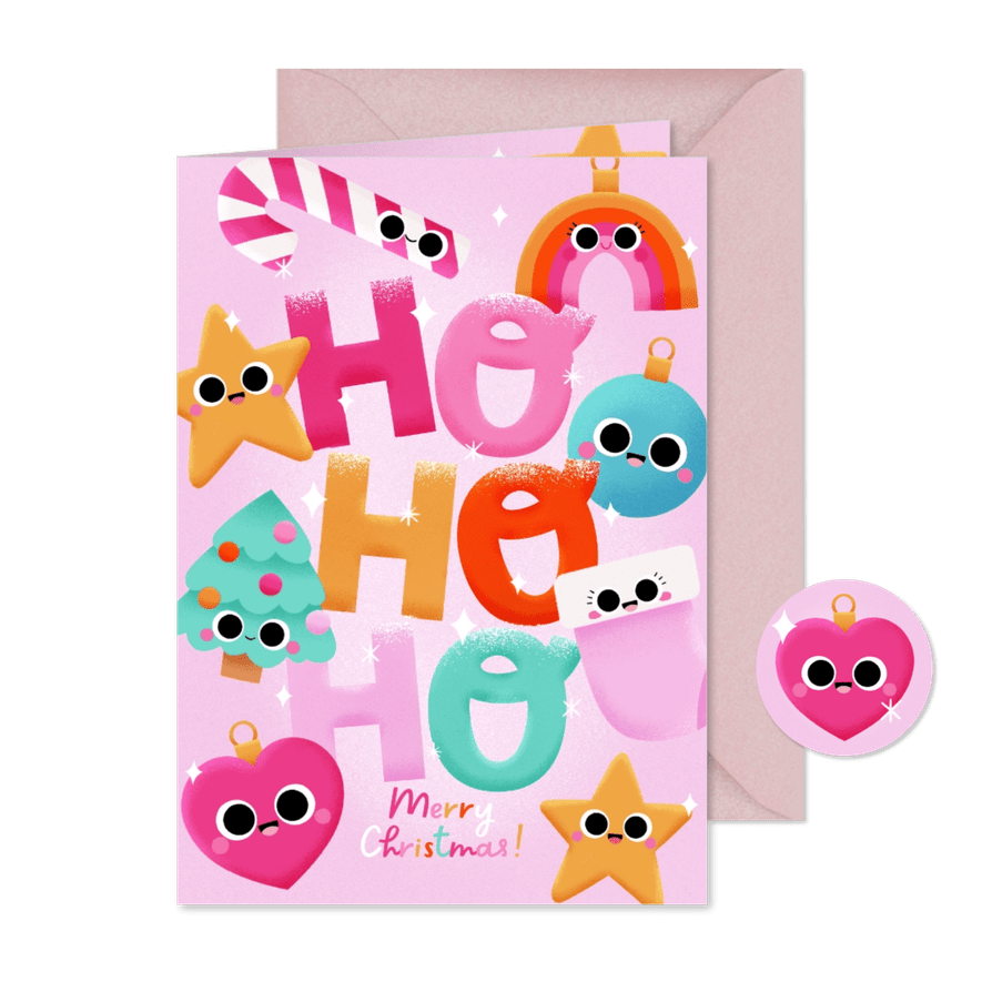 Bunte Weihnachtskarte mit Weihnachtskugeln 'Ho ho ho' - Karteneindruck
