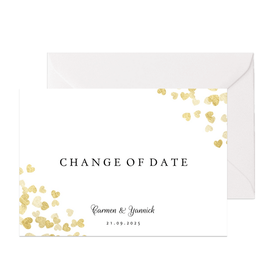 Change-of-date-Karte zur Hochzeit Goldene Herzen - Karteneindruck
