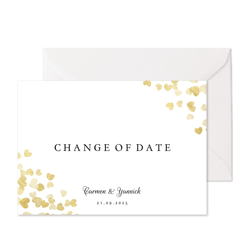 Change-of-date-Karte zur Hochzeit Goldene Herzen - Karteneindruck
