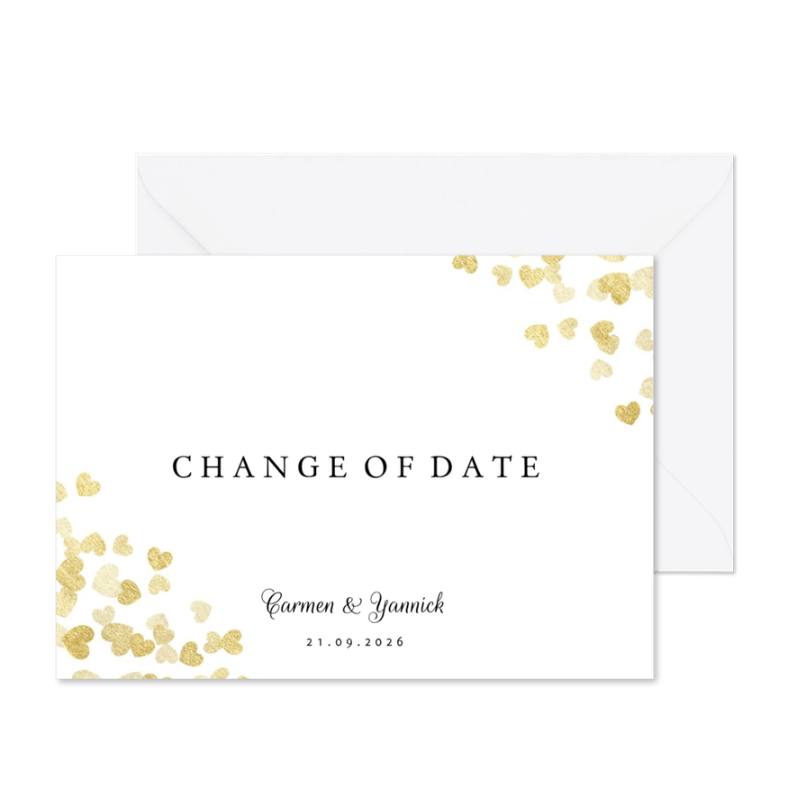 Change-of-date-Karte zur Hochzeit Goldene Herzen - Kartenvorschau