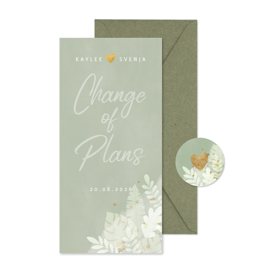 Change-of-Plans-Karte mit Wasserfarben und Dschungelblättern - Karteneindruck
