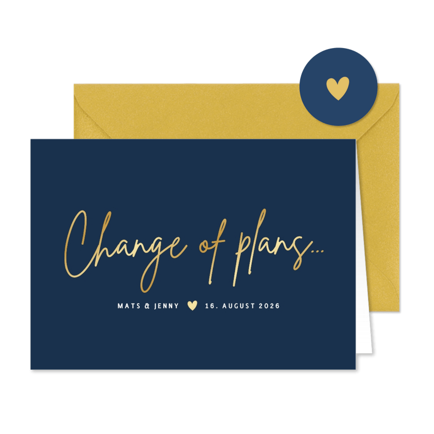 Change-of-plans-Karte zur Hochzeit klassisch Dunkelblau - Karteneindruck