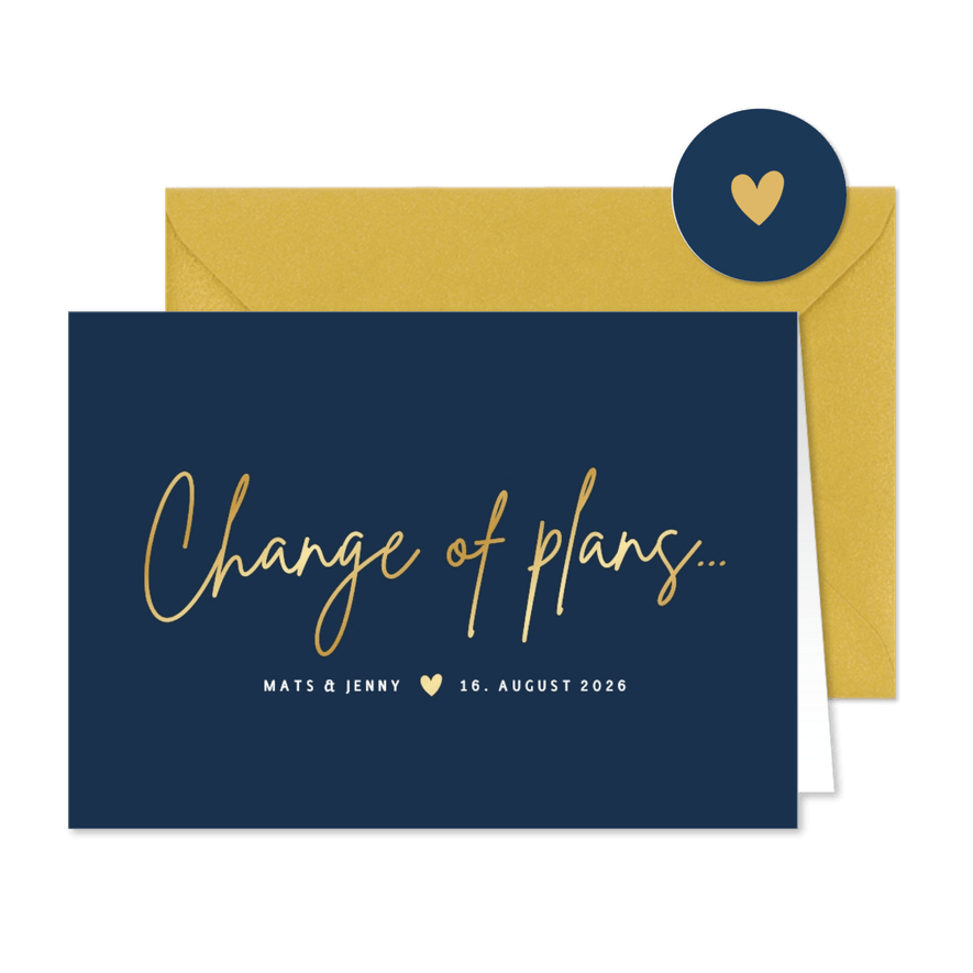 Change-of-plans-Karte zur Hochzeit klassisch Dunkelblau - Karteneindruck