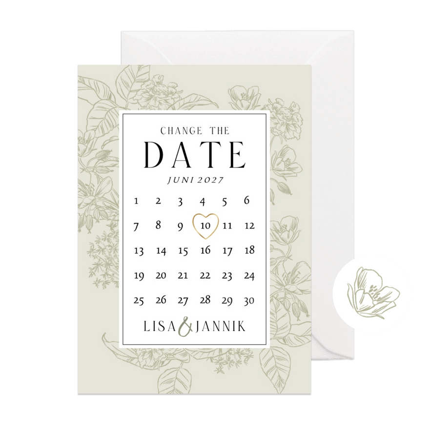 Change-the-Date-Karte Blumendekor Kalender mit Herz - Karteneindruck
