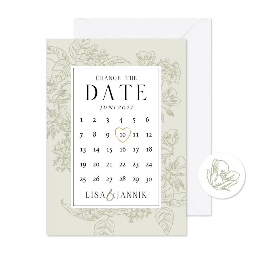 Change-the-Date-Karte Blumendekor Kalender mit Herz - Kartenvorschau