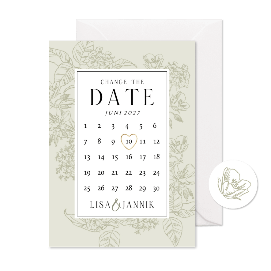 Change-the-Date-Karte Blumendekor Kalender mit Herz - Karteneindruck
