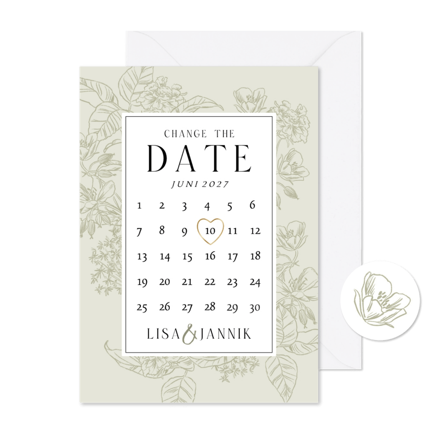 Change-the-Date-Karte Blumendekor Kalender mit Herz - Karteneindruck
