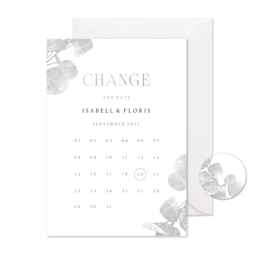 Change-the-Date-Karte Eukalyptus Silberlook - Karteneindruck
