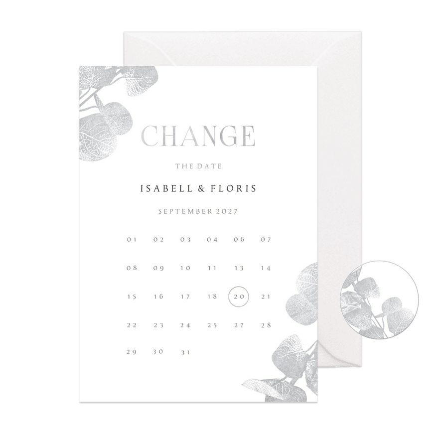 Change-the-Date-Karte Eukalyptus Silberlook - Karteneindruck
