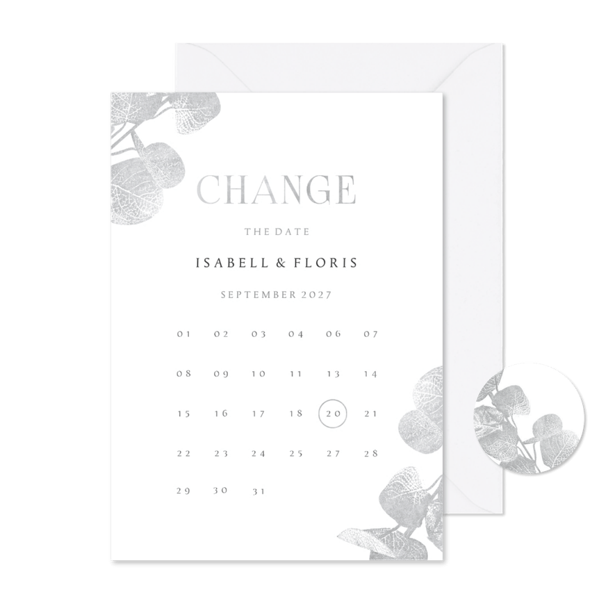 Change-the-Date-Karte Eukalyptus Silberlook - Kartenvorschau