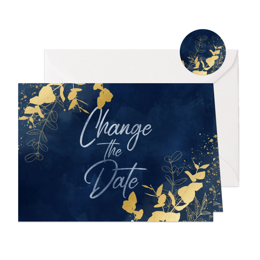 Change-the-Date-Karte Hochzeit Eukalyptus Goldlook - Karteneindruck
