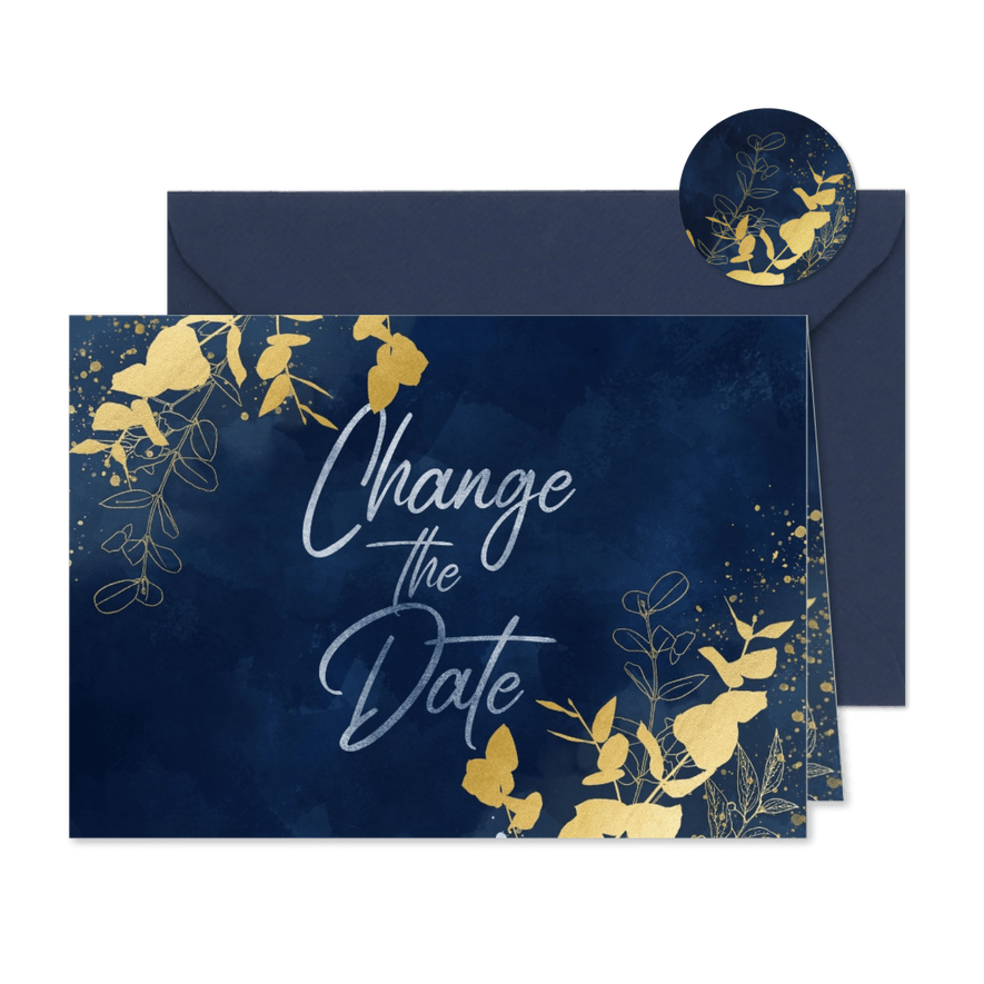 Change-the-Date-Karte Hochzeit Eukalyptus Goldlook - Kartenvorschau
