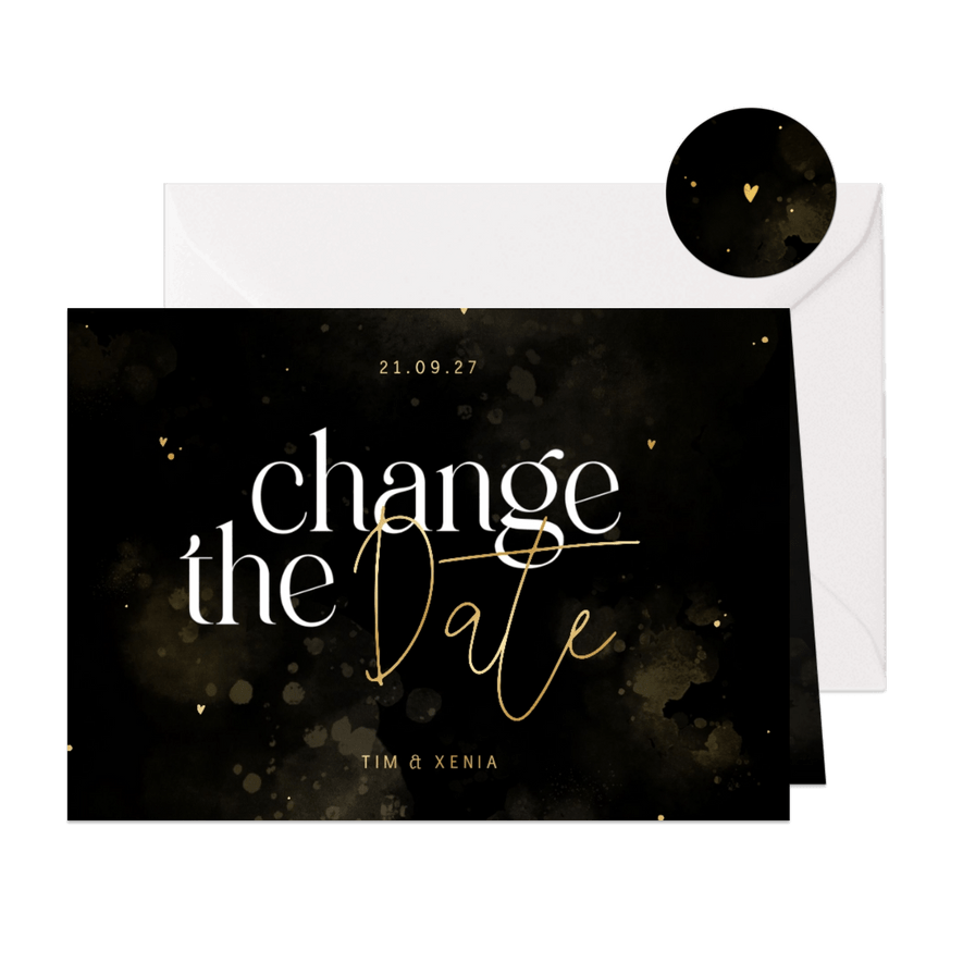 Change-the-Date Karte Hochzeitstermin schwarz-gold - Karteneindruck
