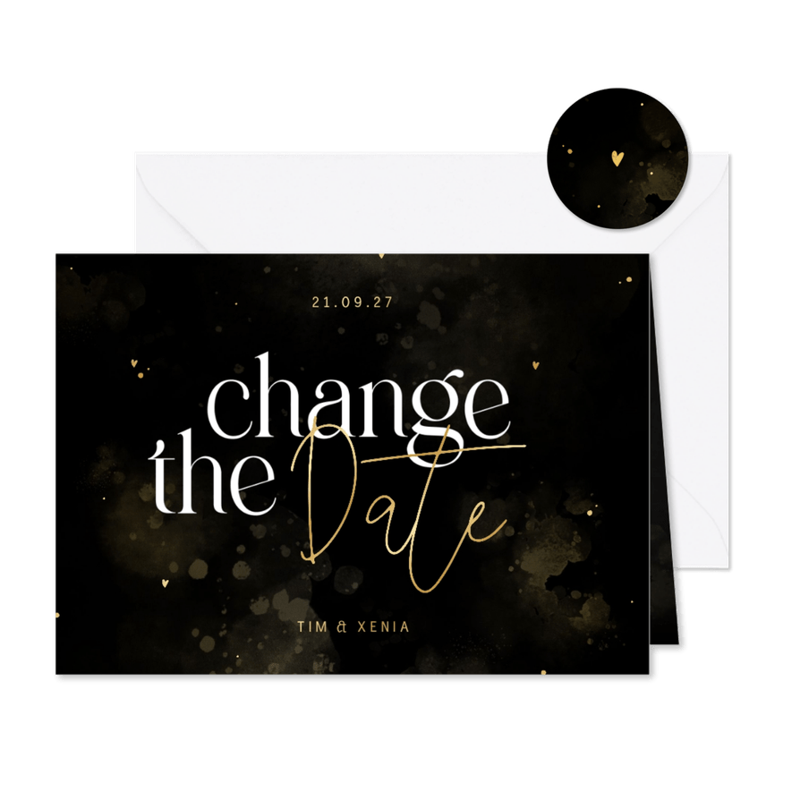 Change-the-Date Karte Hochzeitstermin schwarz-gold - Karteneindruck